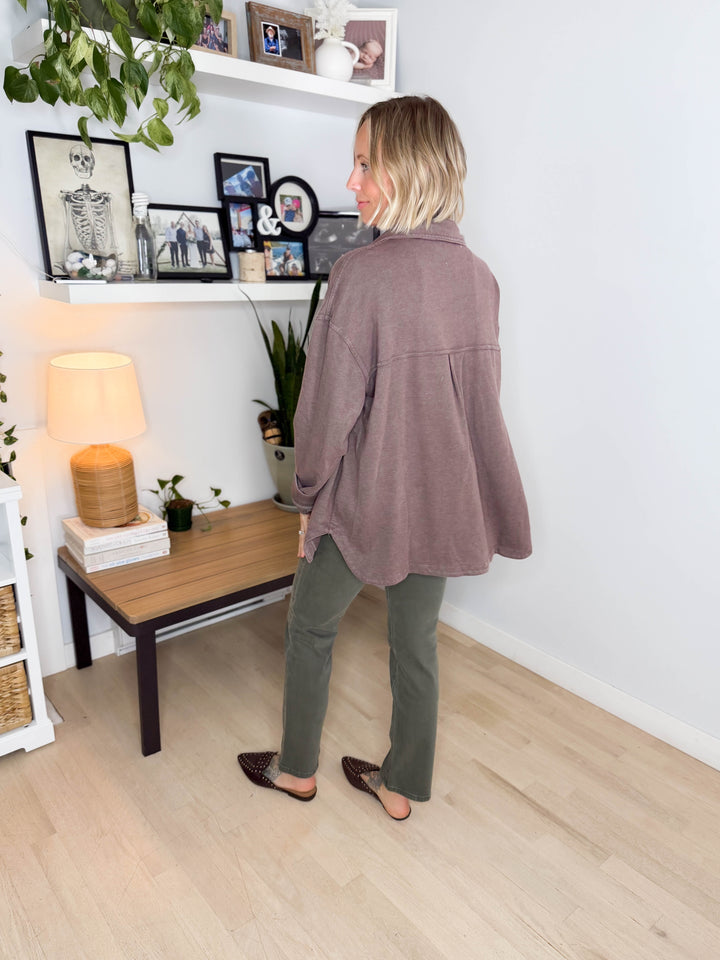 Darla Oversized Washed Soft Button  Shacket- BROWN