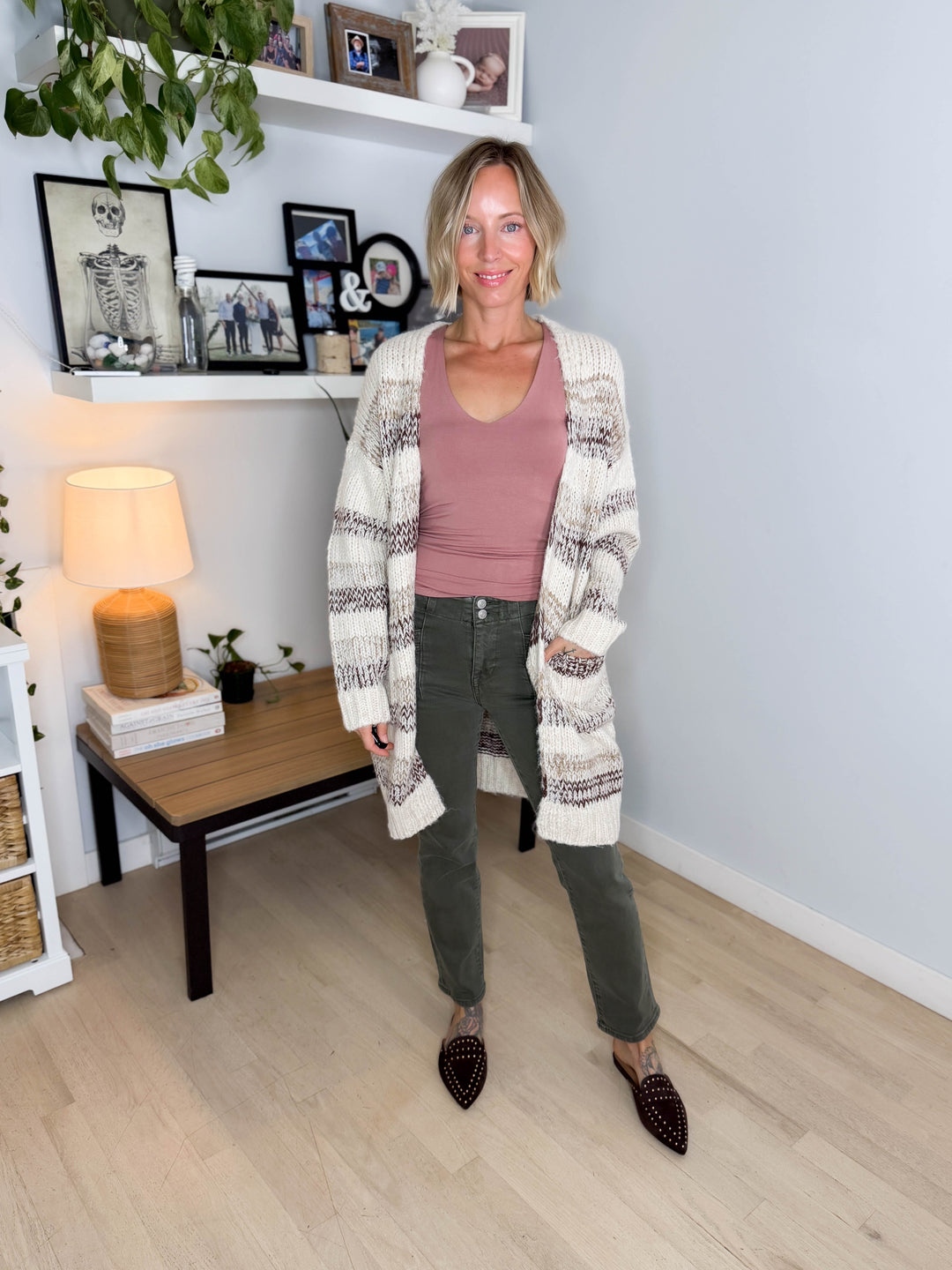 Isley Long Sleeve Striped Cardigan- OATMEAL/BROWN