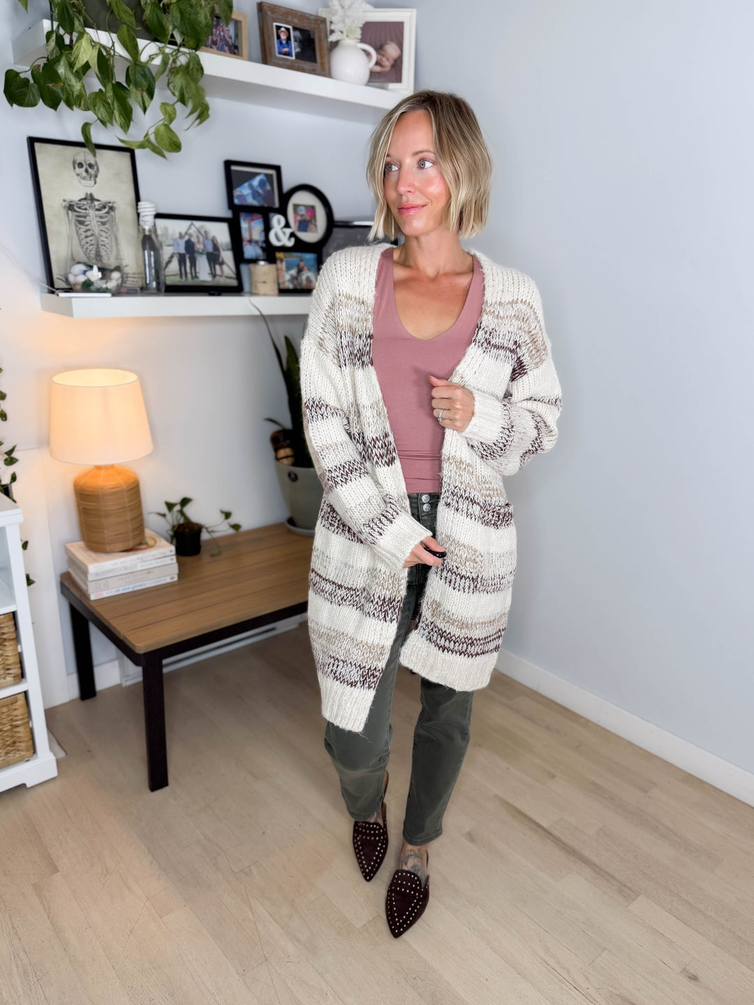 Isley Long Sleeve Striped Cardigan- OATMEAL/BROWN