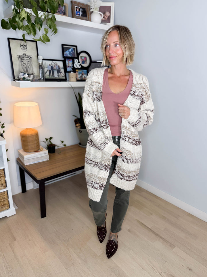 Isley Long Sleeve Striped Cardigan- OATMEAL/BROWN