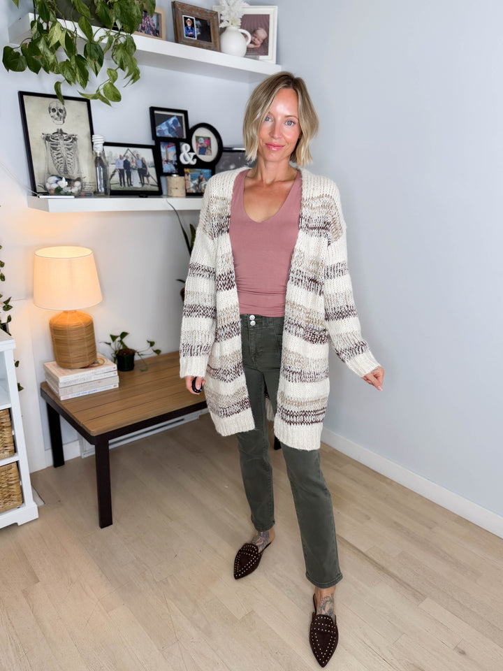 Isley Long Sleeve Striped Cardigan- OATMEAL/BROWN