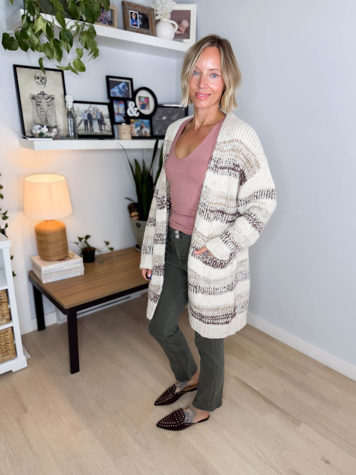 Isley Long Sleeve Striped Cardigan- OATMEAL/BROWN