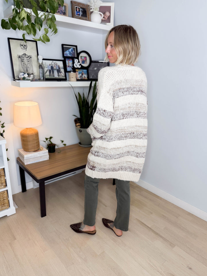 Isley Long Sleeve Striped Cardigan- OATMEAL/BROWN