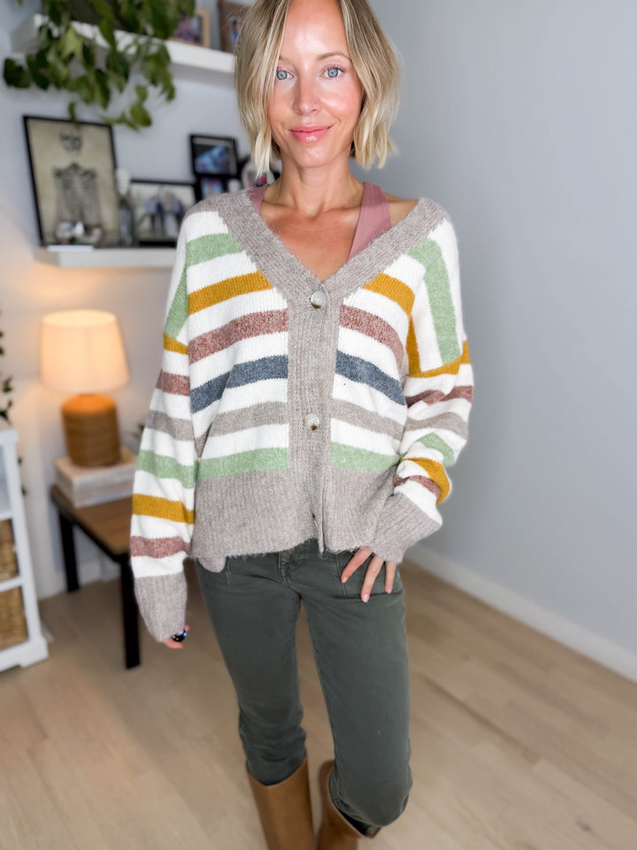 Winter Haven Button Down Cardigan- MULTI STRIPE