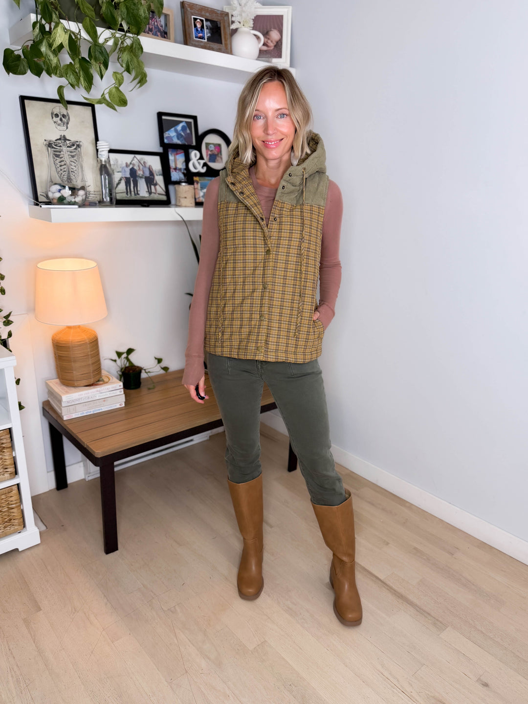 Dovie Quilted Cotton Hooded Vest- MUSTARD PLAID