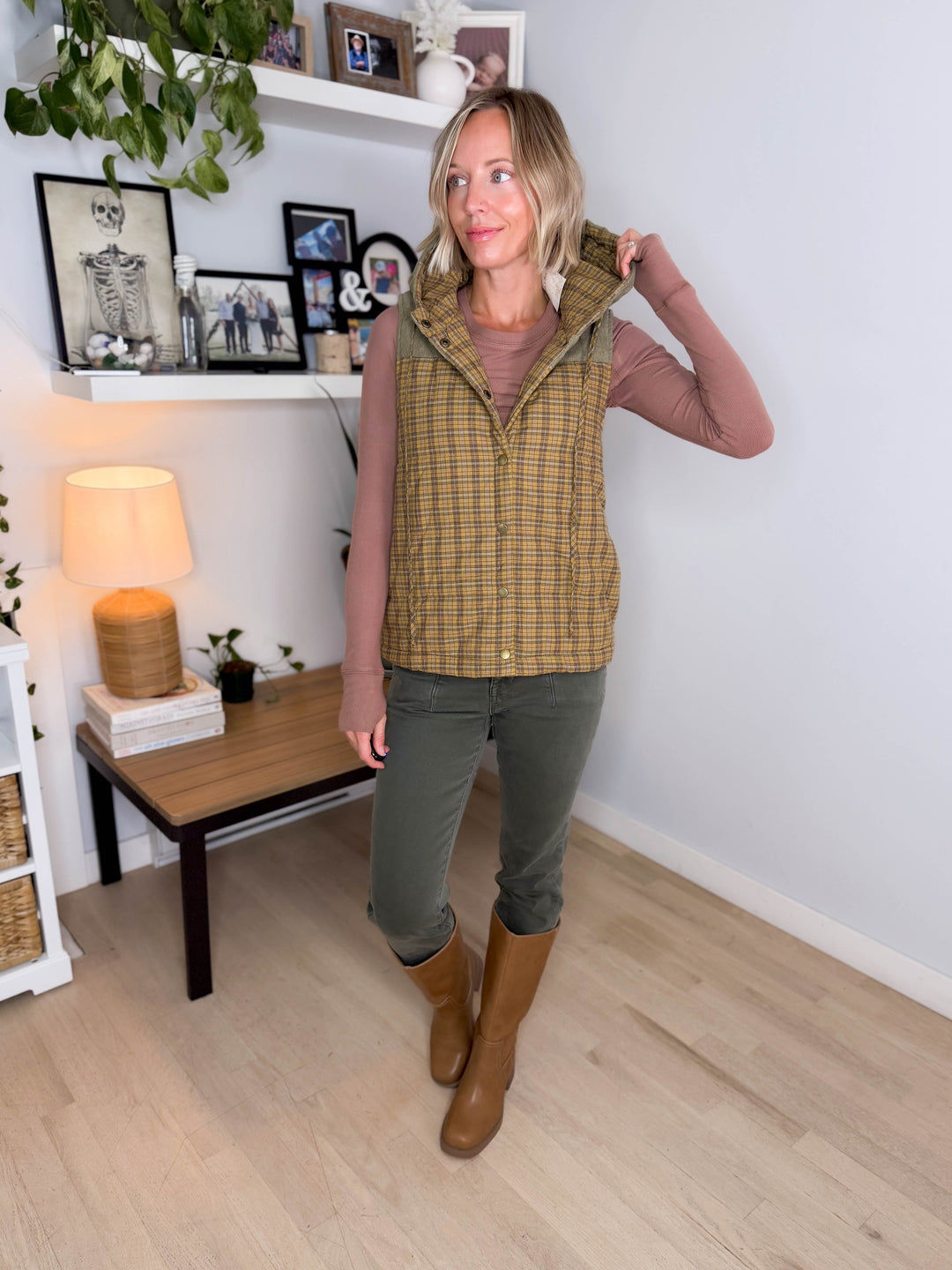 Dovie Quilted Cotton Hooded Vest- MUSTARD PLAID