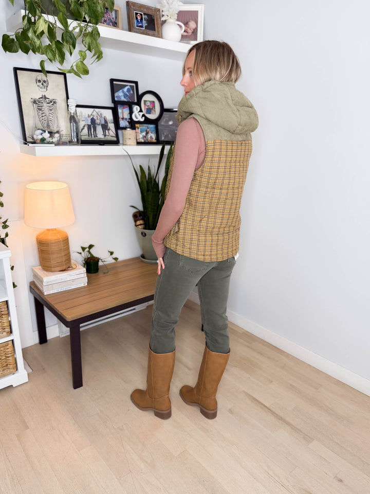 Dovie Quilted Cotton Hooded Vest- MUSTARD PLAID