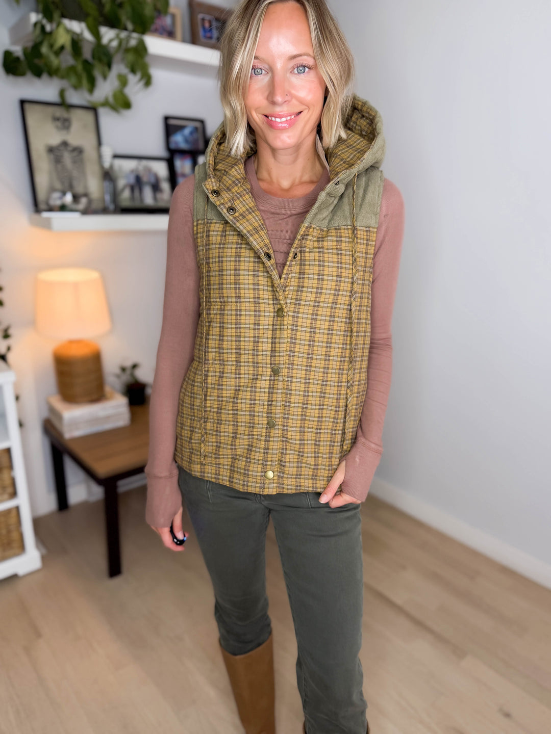 Dovie Quilted Cotton Hooded Vest- MUSTARD PLAID