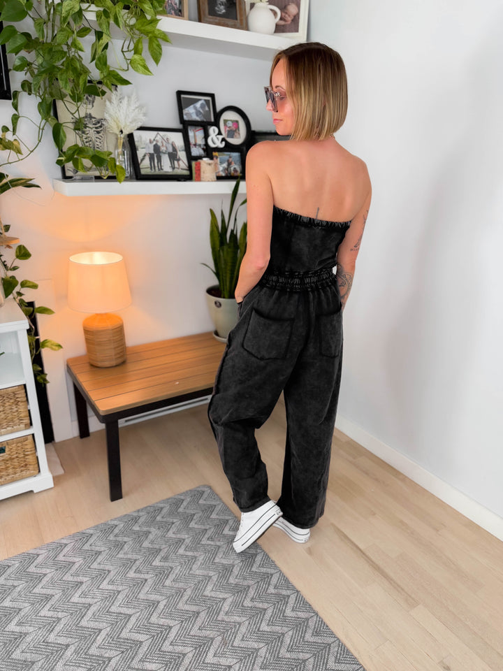 Beach Town Mineral Washed Strapless Jumpsuit- ASH BLACK