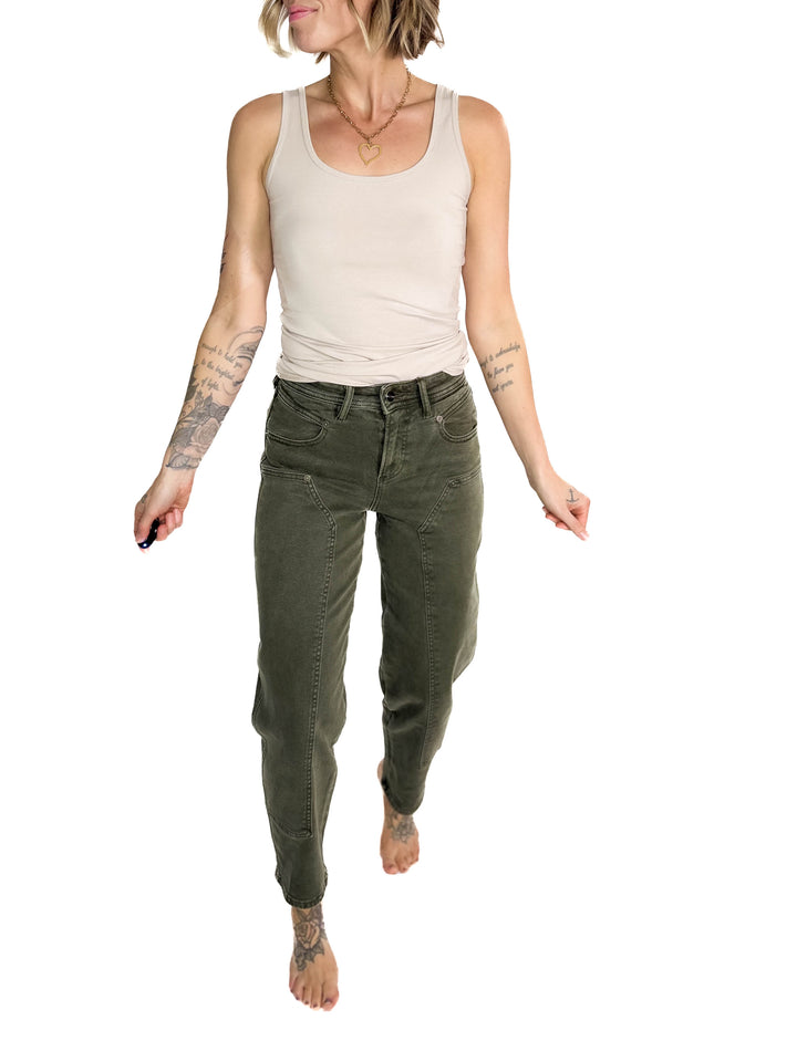 MICA Autumyn High Rise Barrel Jean- DARK FERN