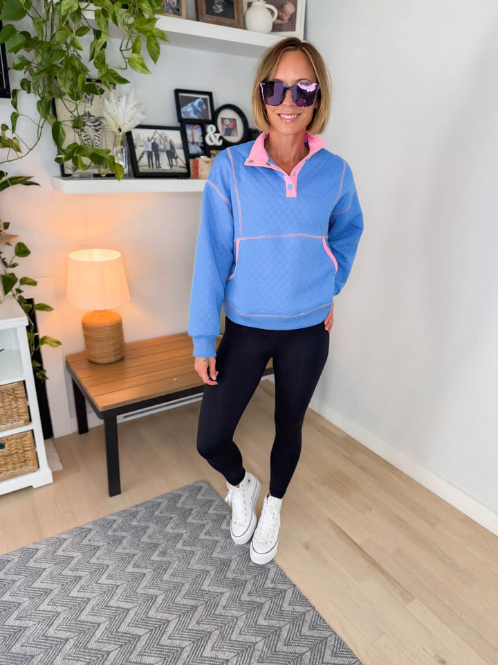 Teigan Quilted Snap Pullover- ROYAL BLUE/PINK