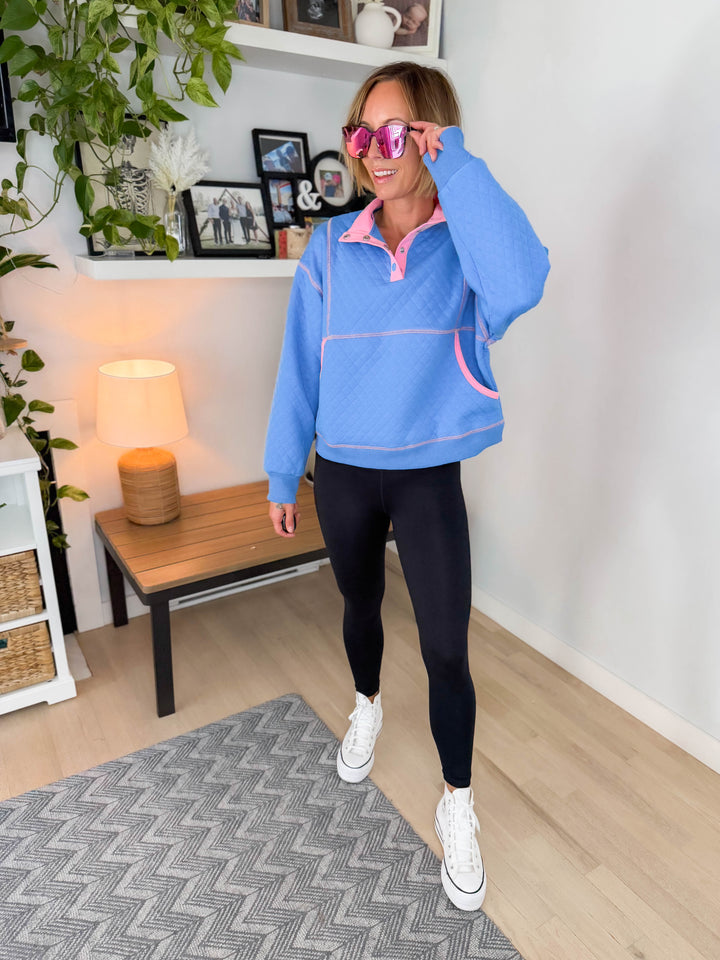 Teigan Quilted Snap Pullover- ROYAL BLUE/PINK