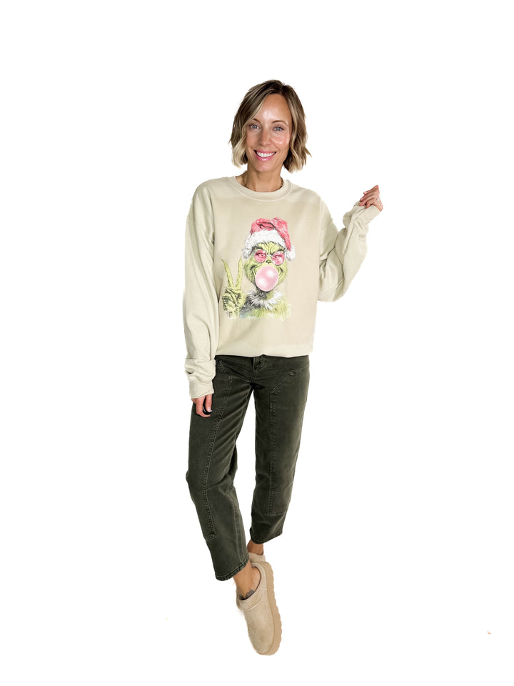 Bubblegum Grinch Crewneck- SAND