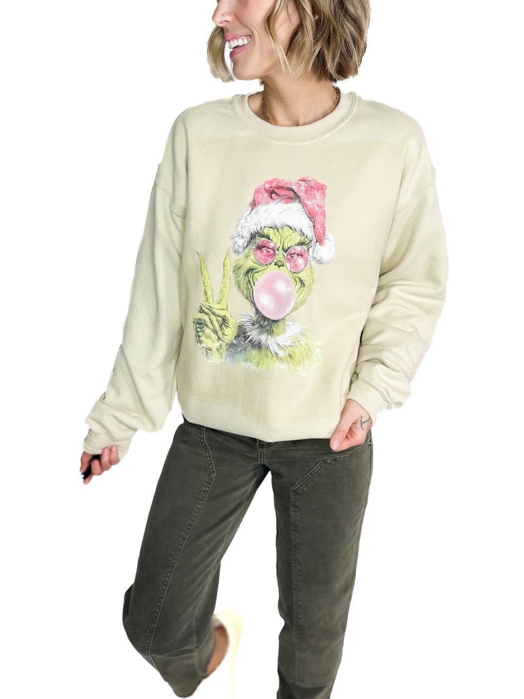 Bubblegum Grinch Crewneck- SAND