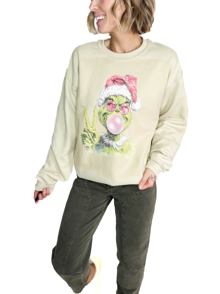 Bubblegum Grinch Crewneck- SAND
