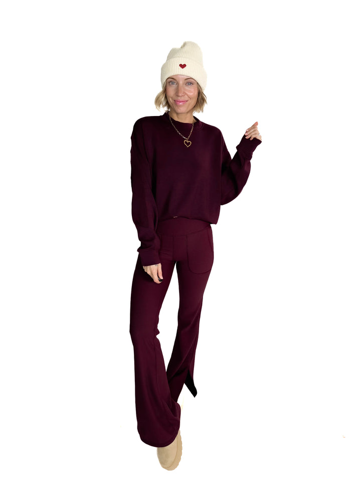 Only The Best Ribbed Flare Legging- DARK CHERRY
