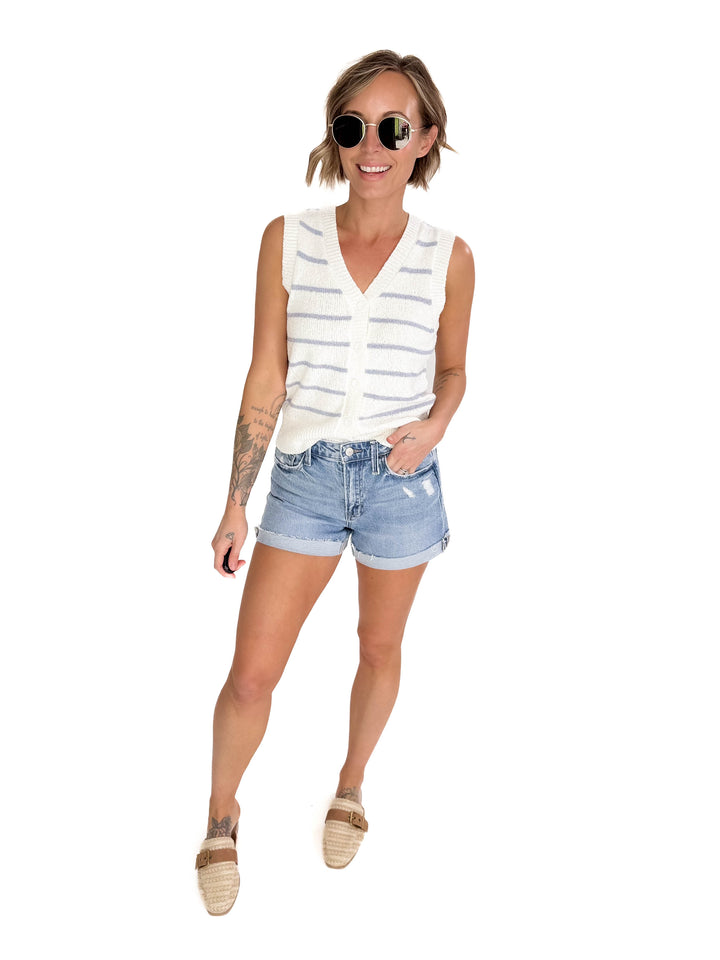 Elana Cozy Striped Button Up Sweater Vest- SLATE BLUE-FINAL SALE