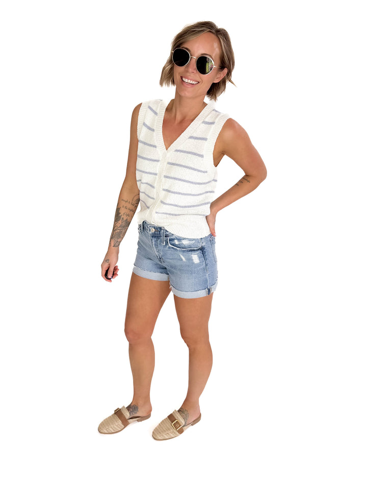 Elana Cozy Striped Button Up Sweater Vest- SLATE BLUE-FINAL SALE
