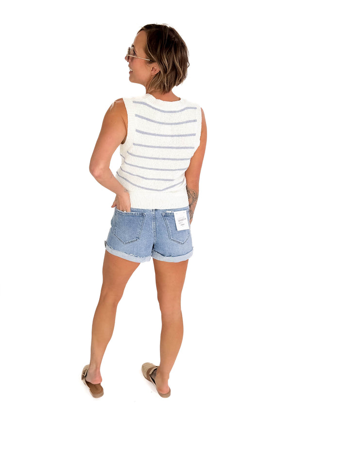 Elana Cozy Striped Button Up Sweater Vest- SLATE BLUE-FINAL SALE