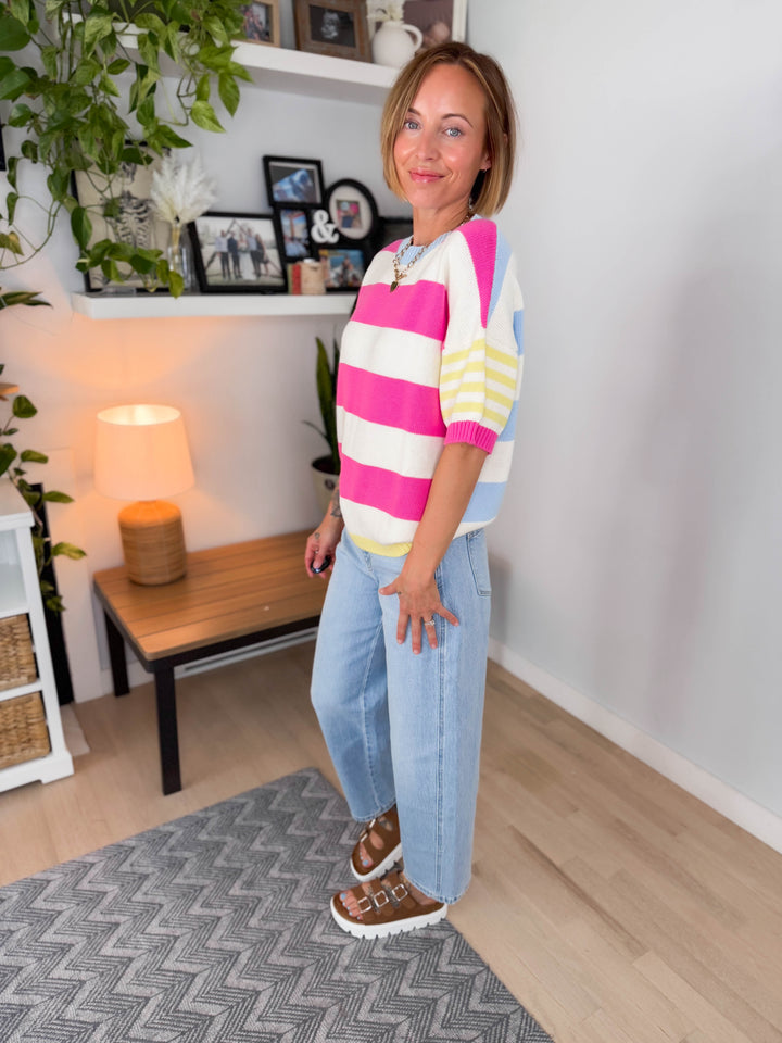 Feel Good Cotton Sweater Top- FUCHSIA/LEMON