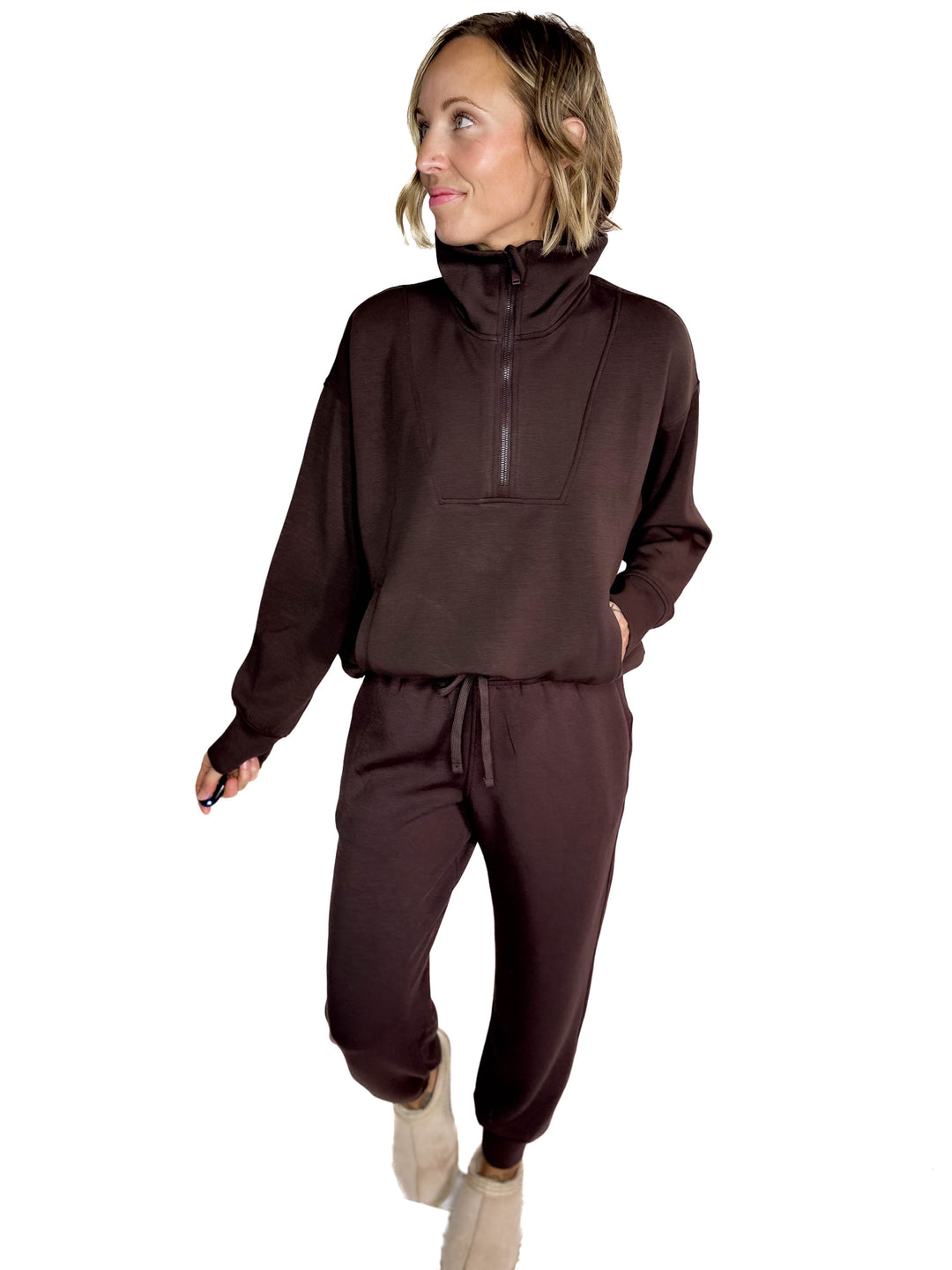 Everett Modal 1/2 Zip Mock Neck Pullover- ESPRESSO