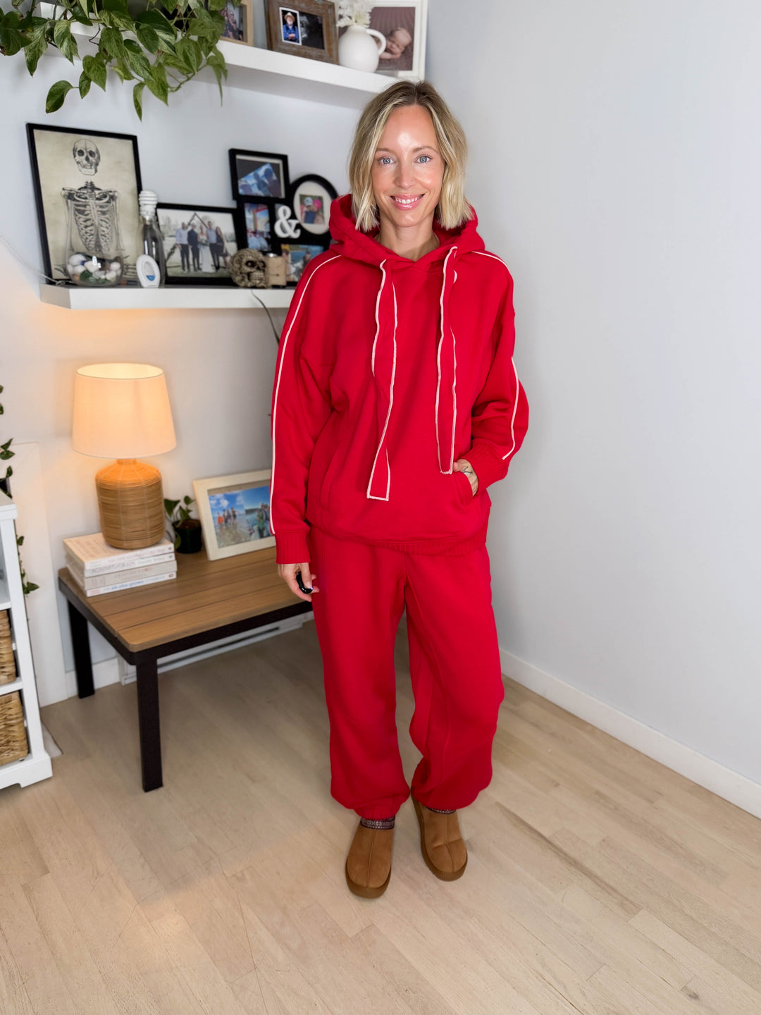 Thistle French Terry Fleece Hoodie- TRUE RED/PEACH PINK