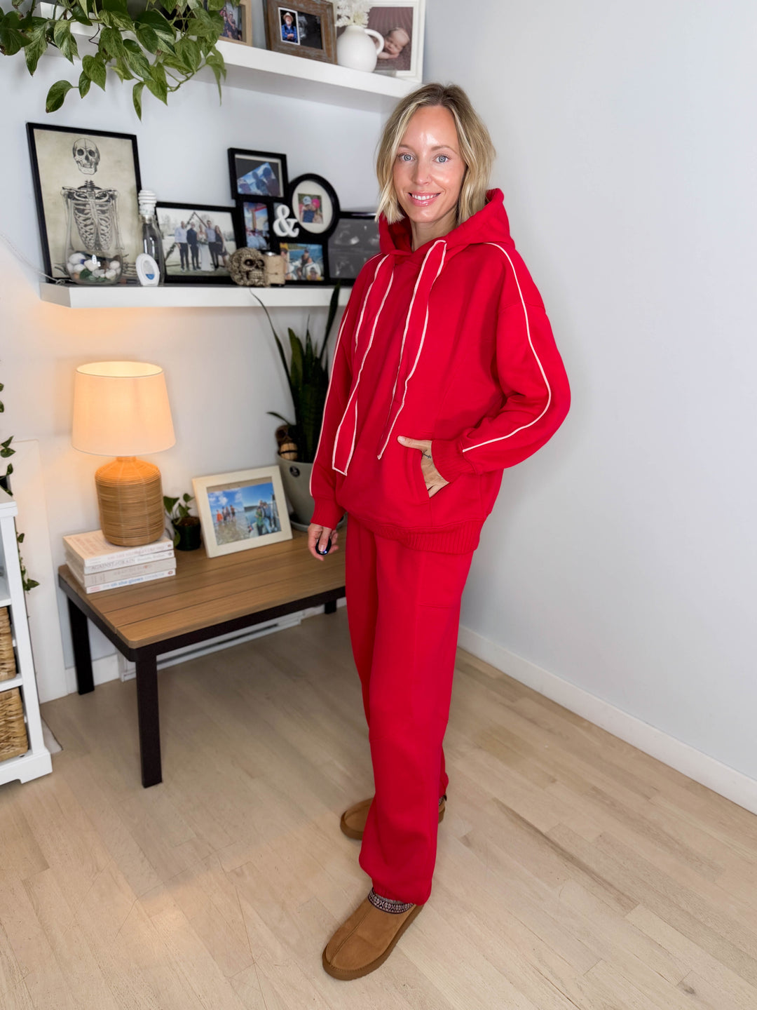 Thistle French Terry Fleece Hoodie- TRUE RED/PEACH PINK