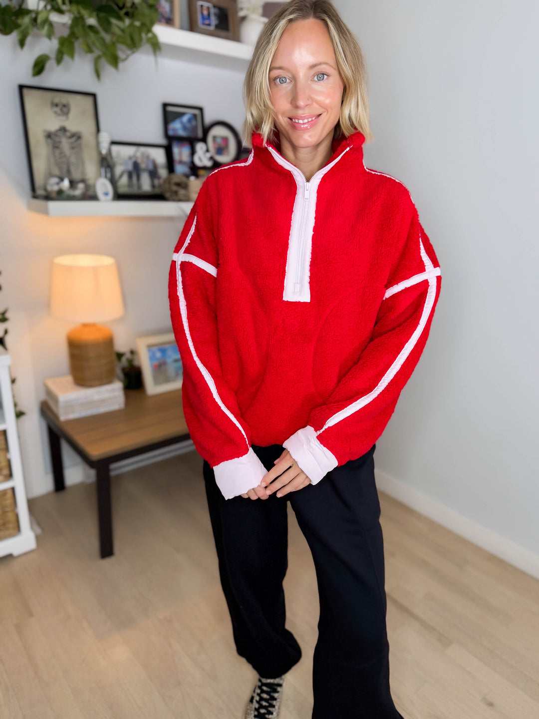 Salem Sherpa Mock Neck Quarter Zip Jacket- RED/PALE PINK