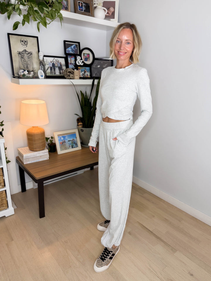 Mari Stretch Cotton Long Sleeve Crossover Set- HTHR GREY