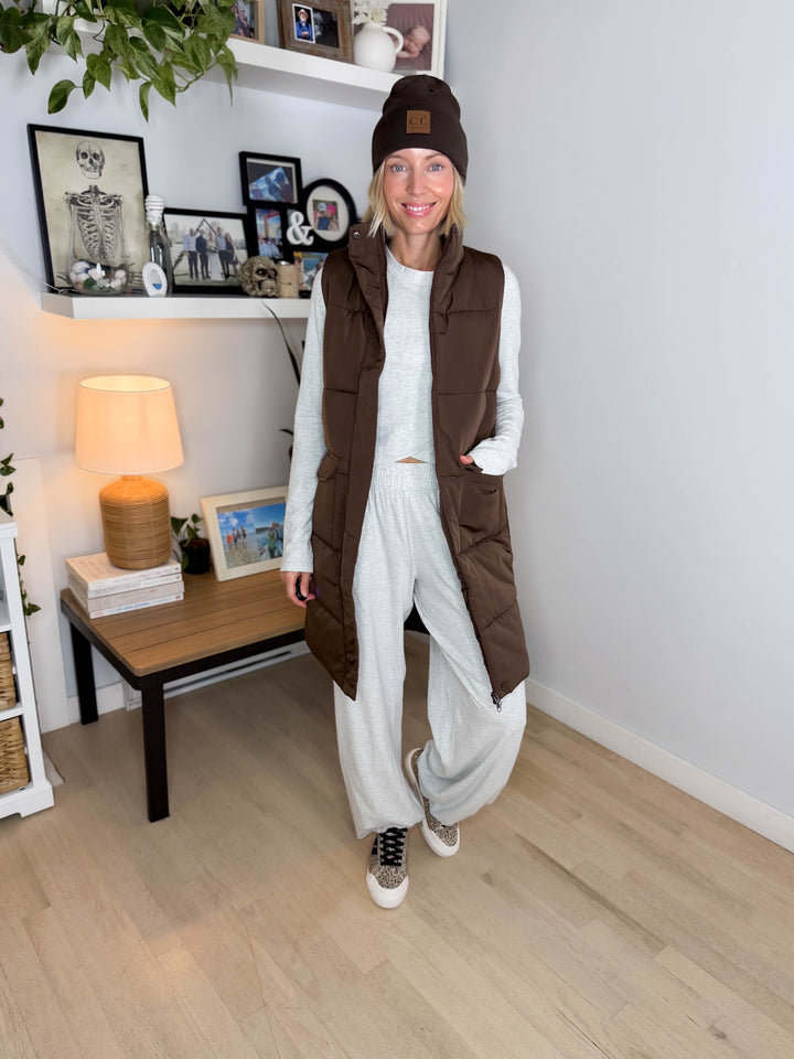 Norah Mock Neck Long Vest- DARK BROWN