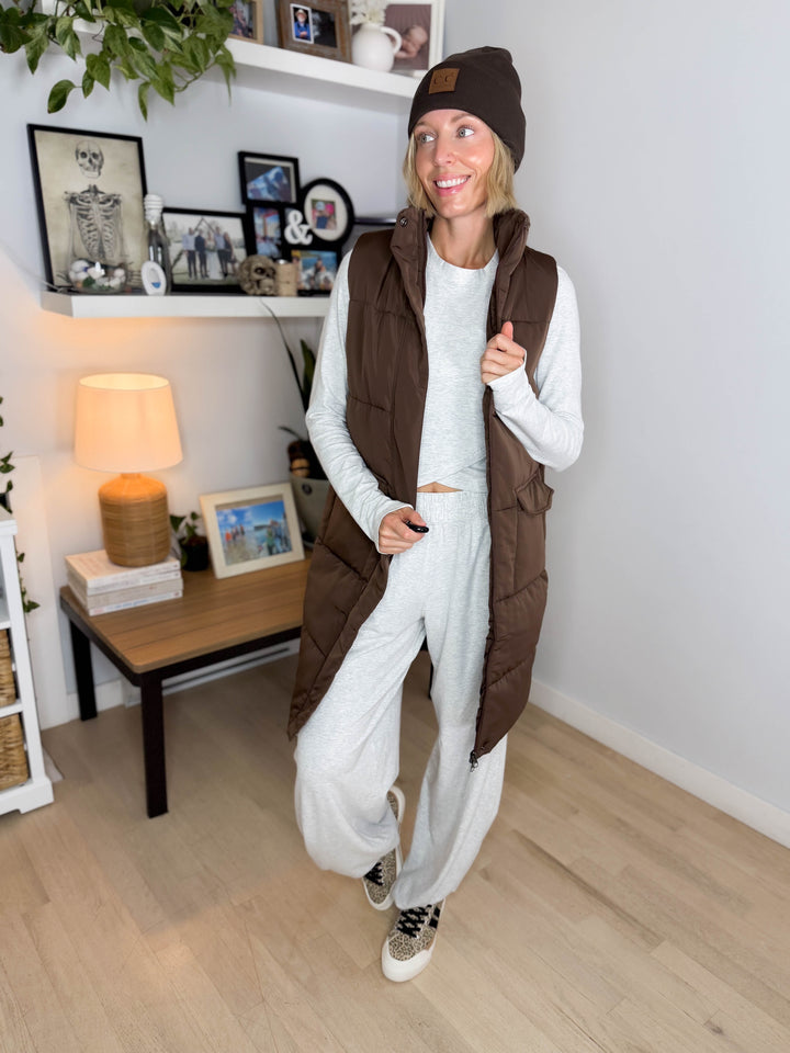 Norah Mock Neck Long Vest- DARK BROWN