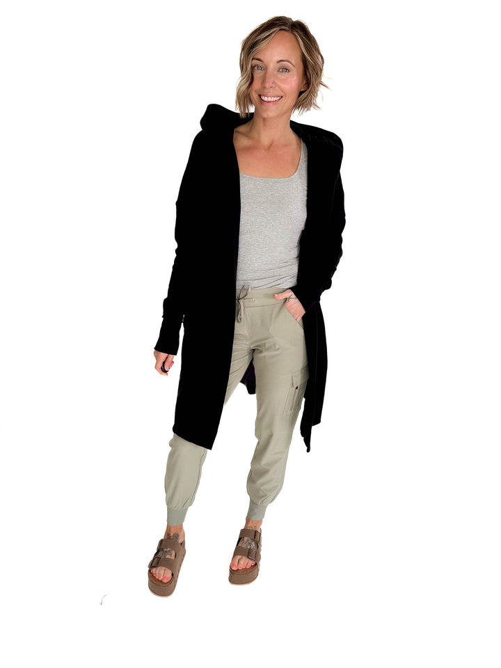 MONO B Whistler Longline Hoodie Cardigan- BLACK-FINAL SALE