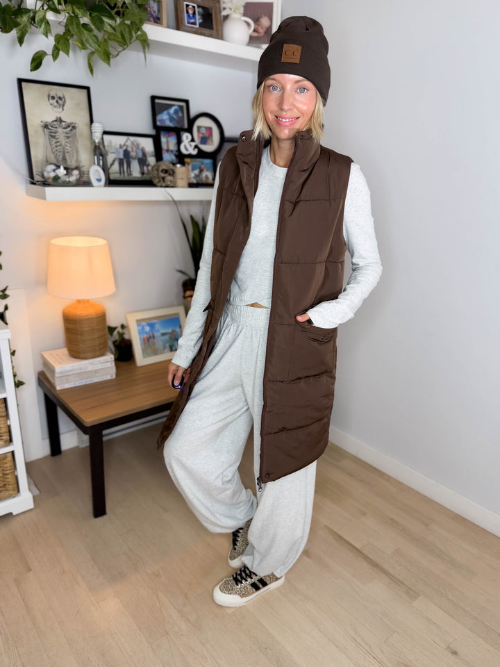 Norah Mock Neck Long Vest- DARK BROWN