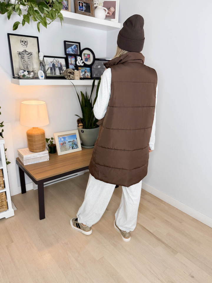 Norah Mock Neck Long Vest- DARK BROWN