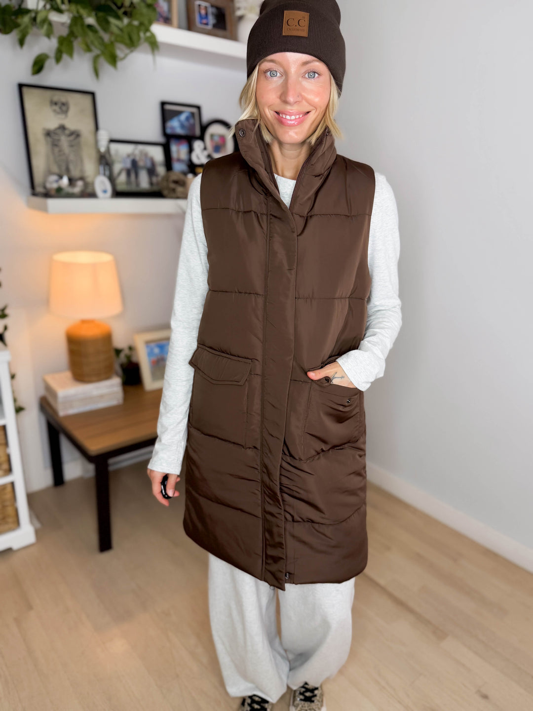 Norah Mock Neck Long Vest- DARK BROWN