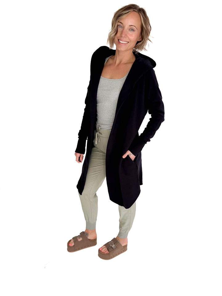 MONO B Whistler Longline Hoodie Cardigan- BLACK-FINAL SALE