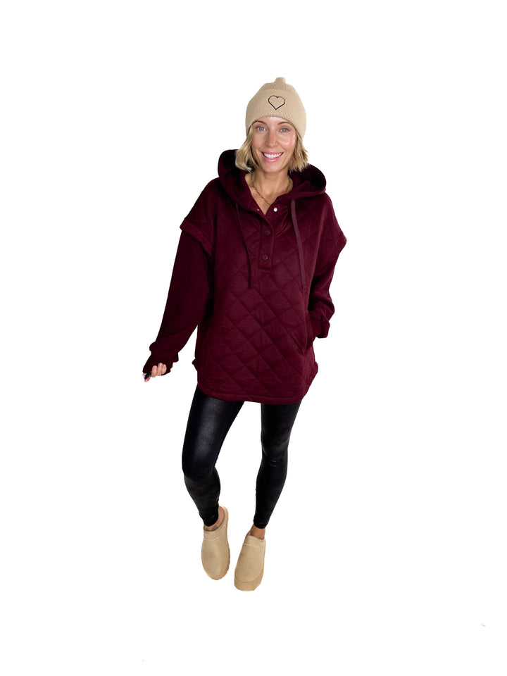 Alpine Escape Quilted Fleece Hoodie Jacket- DARK CHERRY