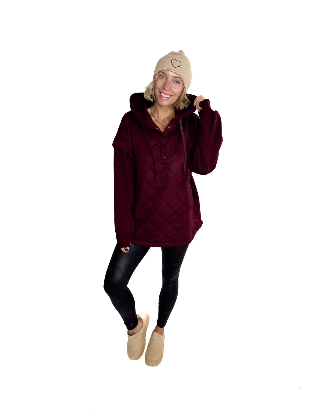 Alpine Escape Quilted Fleece Hoodie Jacket- DARK CHERRY