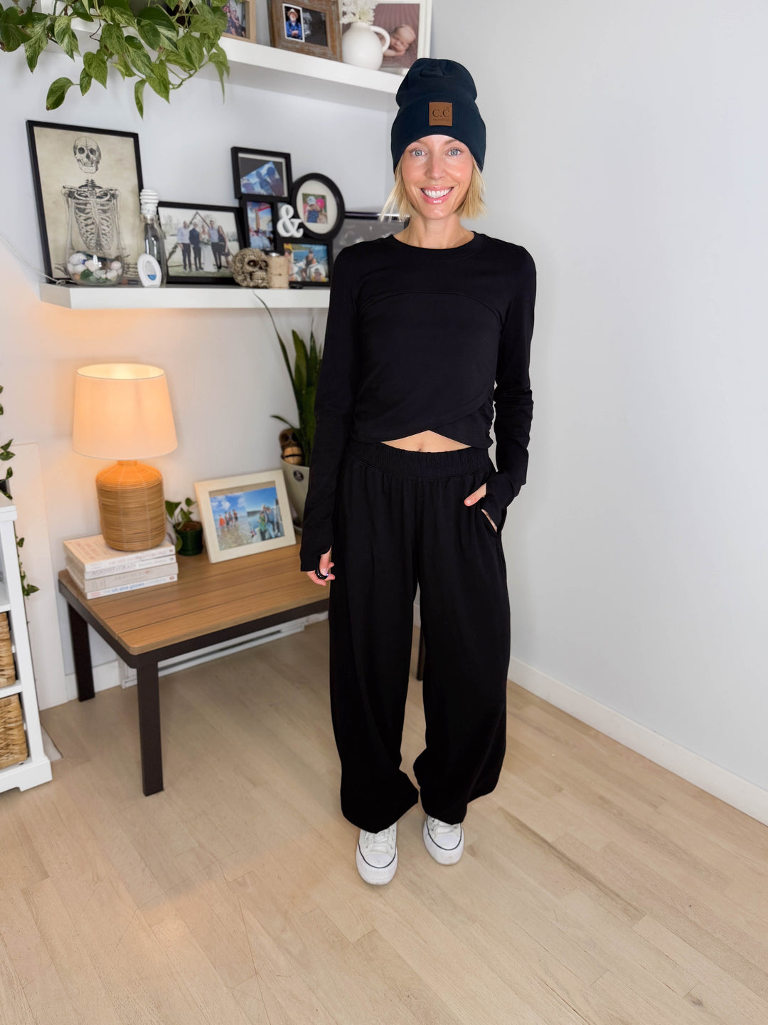Mari Stretch Cotton Long Sleeve Crossover Set- BLACK