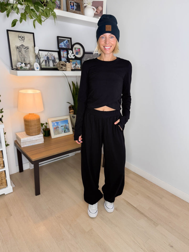 Mari Stretch Cotton Long Sleeve Crossover Set- BLACK