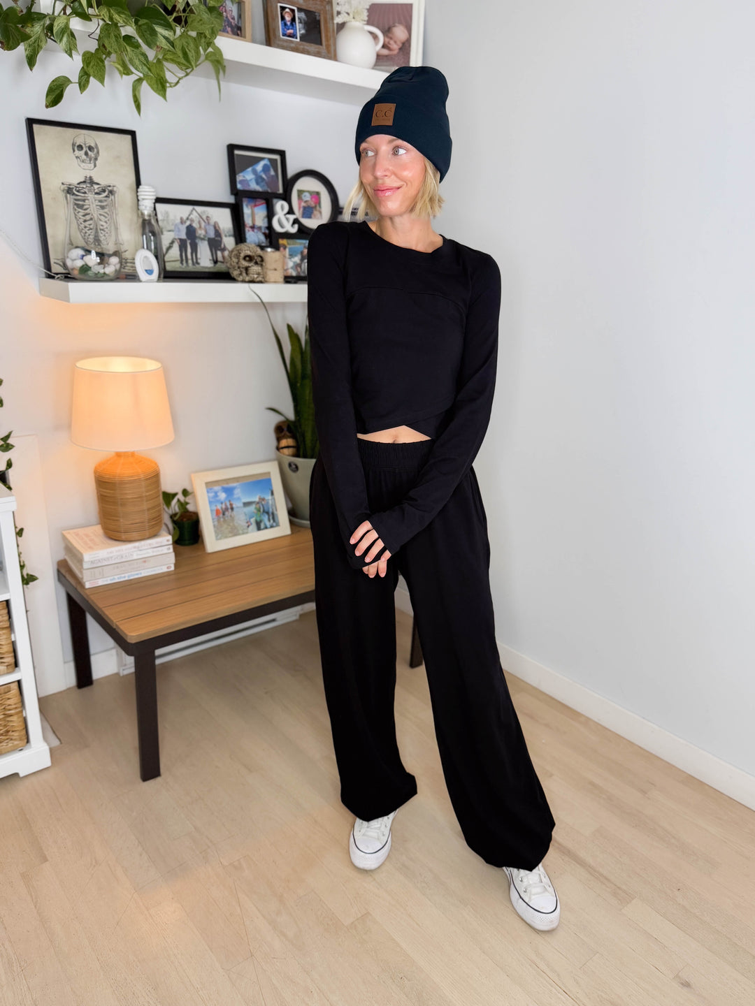 Mari Stretch Cotton Long Sleeve Crossover Set- BLACK