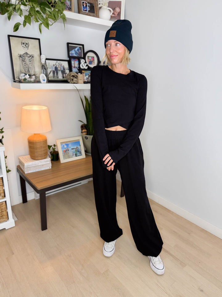 Mari Stretch Cotton Long Sleeve Crossover Set- BLACK