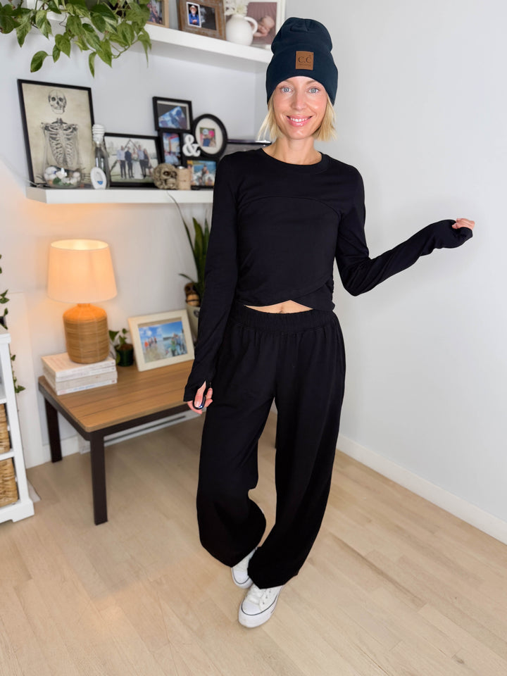 Mari Stretch Cotton Long Sleeve Crossover Set- BLACK