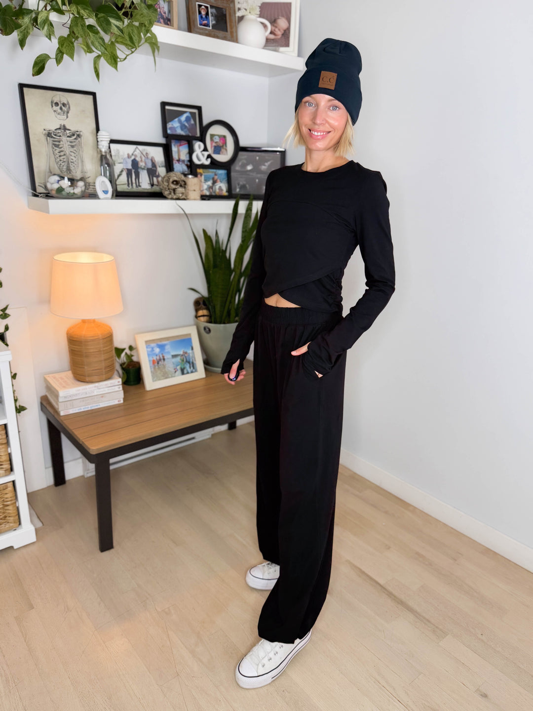 Mari Stretch Cotton Long Sleeve Crossover Set- BLACK