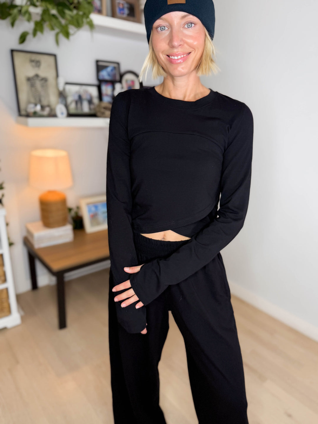 Mari Stretch Cotton Long Sleeve Crossover Set- BLACK