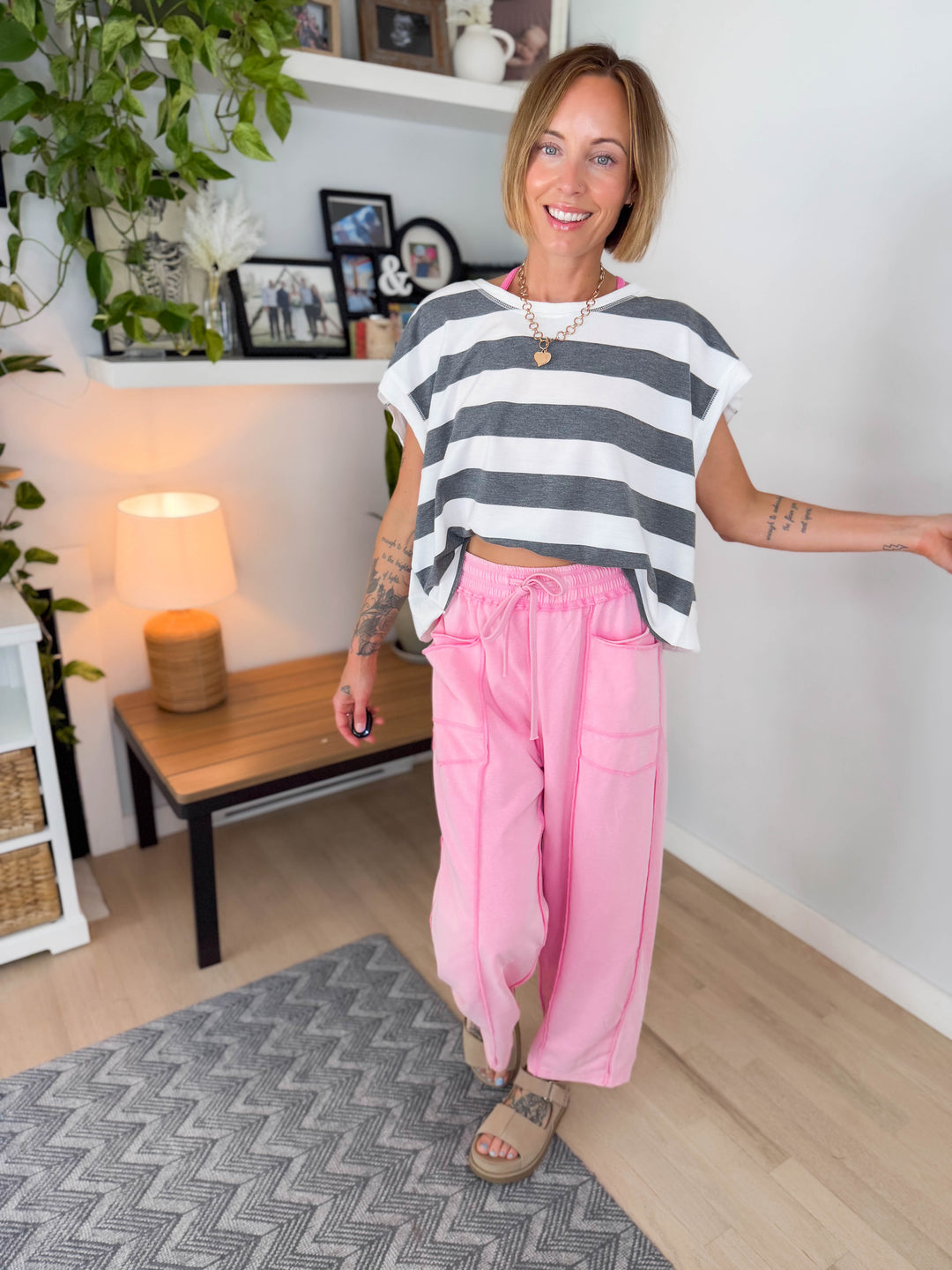 Lucy Short Sleeve Open Back Top- HEATHER GREY