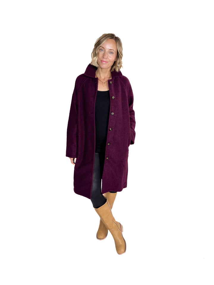 Frosty Boucle Long Button Coat- PLUM