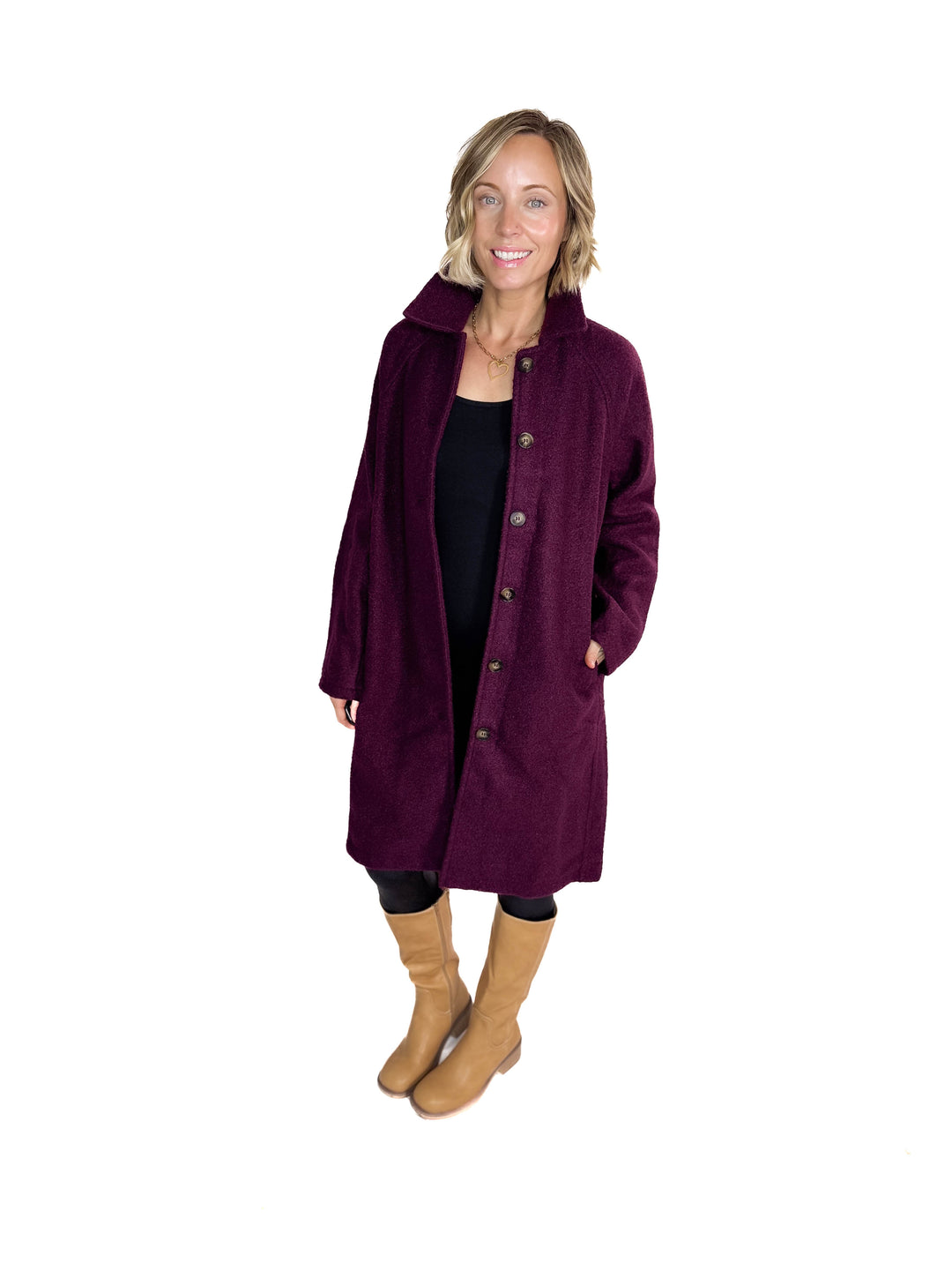 Frosty Boucle Long Button Coat- PLUM
