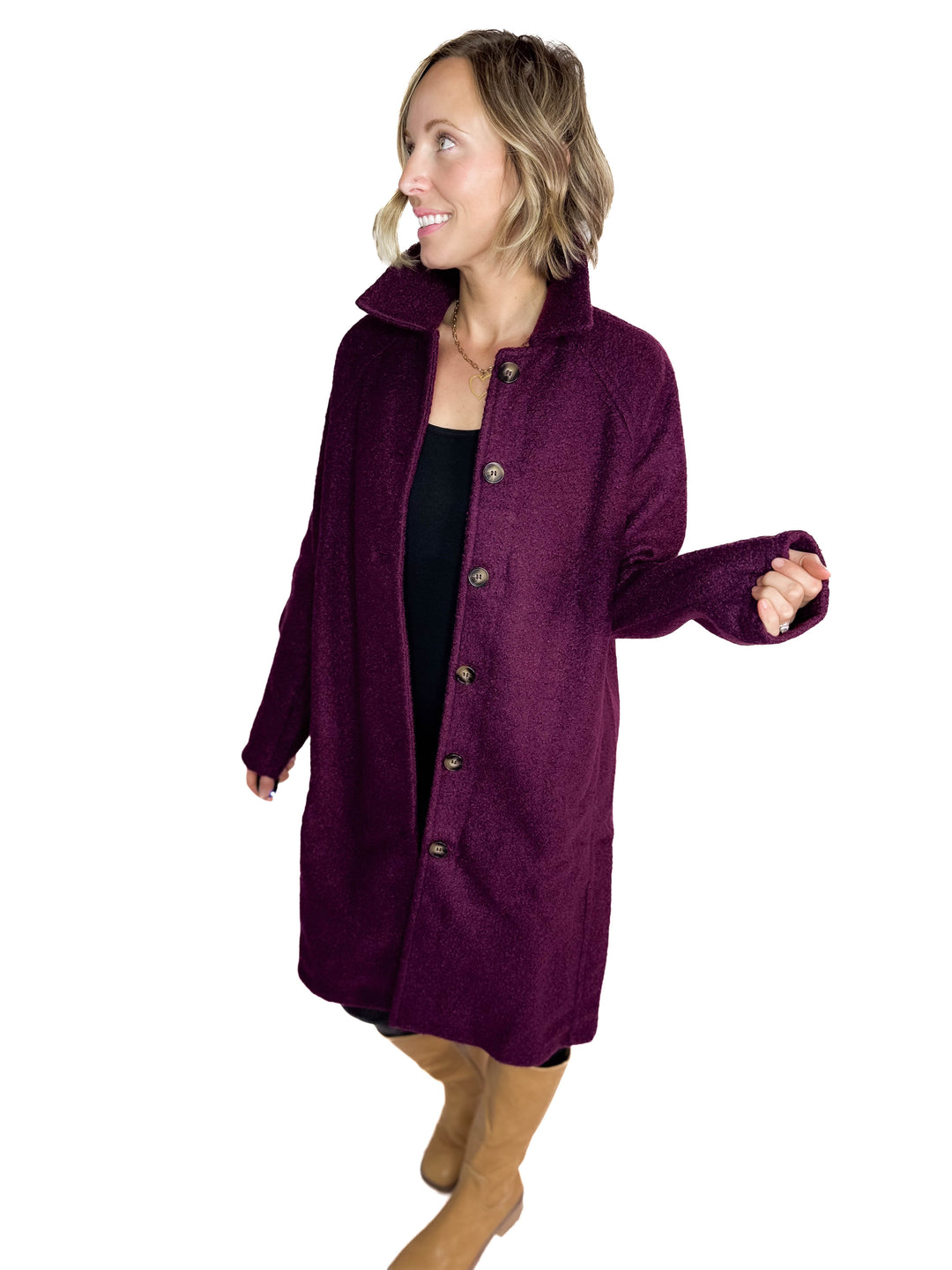 Frosty Boucle Long Button Coat- PLUM