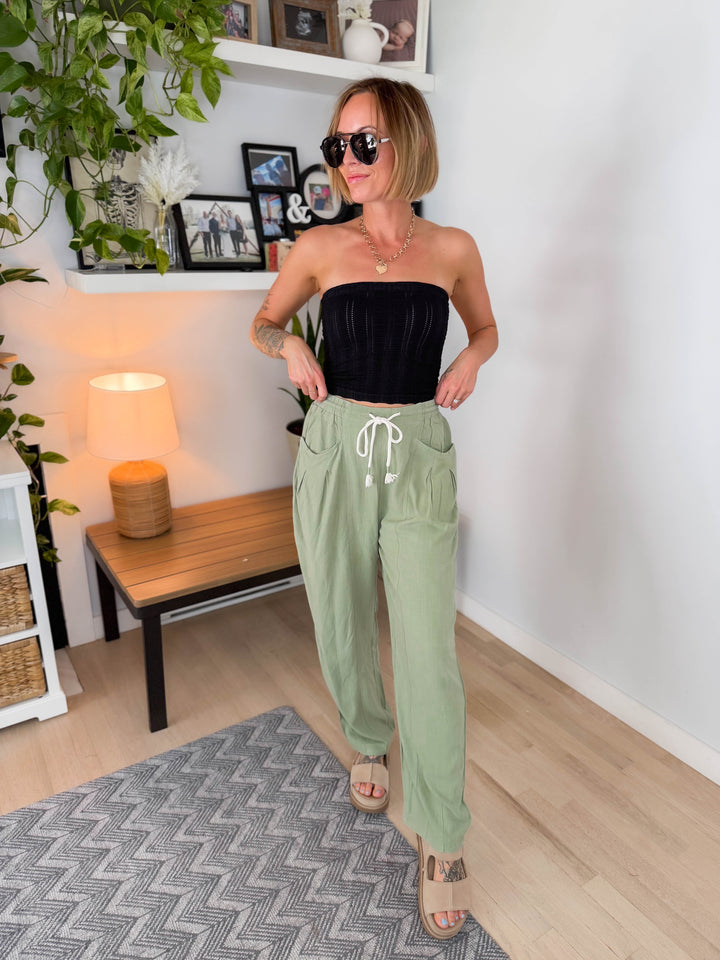 Shania Linen Blend Barrel Pant- SOFT OLIVE